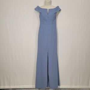 Dessy Collection Larkspur Blue Off-The-Shoulder Notch Trumpet Gown Front Slit 2